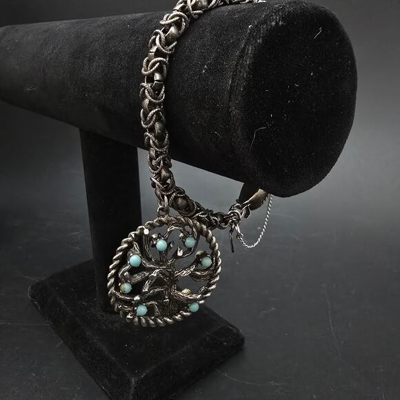 LEC Signed Tree Of Life Charm Bracelet Dark Silver Tone Chain Jewelry Boucher - Picture 1 of 10